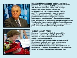 NELSON MARQUEZELLI- DEPUTADO FEDERAL
Nasceu em Pirassununga no dia 29 de outubro de
1941. Começou sua carreira política ainda jovem por
volta de 1963, quando se elegeu vereador por
Pirassununga. Em 1991 elegeu-se Deputado Federal
pelo PTB e cumpre atualmente o seu sexto mandato
na Câmara Federal, com a eleição de 2011. Como
parlamentar desenvolveu vários projetos e emendas
voltadas para o desenvolvimento Econômico e Social do país.
Como representante de empresas e produtos agrícolas esteve nos
USA, Espanha, França, Inglaterra, Itália e Portugal. Integrou a
delegação brasileira de apoio às atividades agropecuárias dos
países membros da FAO (Bruxelas, Bélgica e Itália)


JOILDA MARRA POZZI
Nasceu em Pirassununga no dia 11 de maio de 1930.
Formou-se professora pela antiga Escola Normal e
educadora em saúde publica pela Faculdade de
Higiene e Saúde Pública da USP.
Graças aos seus esforços conseguiu a criação da APAE de
Pirassununga que hoje leva seu nome em homenagem.
Foi provedora da Santa Casa de Pirassununga e
diretora da ANDE (Associação Nosso Desafio) e também foi
presidente do 1º Conselho Tutelar da Criança e do Adolescente.
Prestou serviços relevantes à cidade. Faleceu em 2009.
 