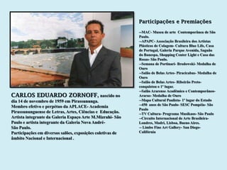 Participações e Premiações

                                                            --MAC- Museu de arte Contemporânea de São
                                                            Paulo.
                                                            --APAPC- Associação Brasileira dos Artistas
                                                            Plásticos de Colagem- Cultura Blue Life, Casa
                                                            de Portugal, Galeria Parque Avenida, Saguão
                                                            do Banespa, Shopping Center Light e Casa das
                                                            Rosas- São Paulo.
                                                            --Semana de Portinari- Brodowski- Medalha de
                                                            Ouro
                                                            --Salão de Belas Artes- Piracicabas- Medalha de
                                                            Ouro
                                                            --Salão de Belas Artes- Ribeirão Preto-
                                                            conquistou o 1º lugar.
                                                            --Salão Ararense Acadêmico e Contemporâneo-
CARLOS EDUARDO ZORNOFF, nascido no                          Araras- Medalha de Ouro
dia 14 de novembro de 1959 em Pirassununga.                 --Mapa Cultural Paulista- 1º lugar do Estado
                                                            --450 anos de São Paulo- SESC Pompéia- São
Membro efetivo e perpétuo da APLACE- Academia
                                                            Paulo
Pirassununguense de Letras, Artes, Ciências e Educação.     --TV Cultura- Programa Musikaos- São Paulo
Artista integrante da Galeria Espaço Arte M.Mizrahi- São    --Circuito Internacional de Arte Brasileira-
Paulo e artista integrante da Galeria Nova André-           Londres, Madri, Lisboa, Bueno Aires.
São Paulo.                                                  -- Limbo Fine Art Gallery- San Diego-
Participações em diversos salões, exposições coletivas de   Califórnia
âmbito Nacional e Internacional .
 