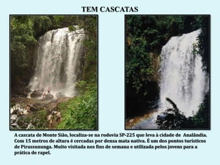 TEM CASCATAS




A cascata de Monte Sião, localiza-se na rodovia SP-225 que leva à cidade de Analândia.
Com 15 metros de altura é cercadas por densa mata nativa. É um dos pontos turísticos
de Pirassununga. Muito visitada nos fins de semana e utilizada pelos jovens para a
prática de rapel.
 