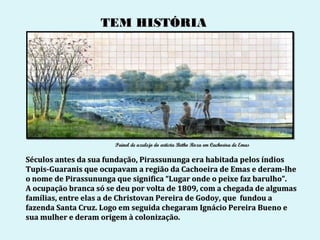 TEM HISTÓRIA




                       Painel de azulejo do artista Betho Roza em Cachoeira de Emas

Séculos antes da sua fundação, Pirassununga era habitada pelos índios
Tupis-Guaranis que ocupavam a região da Cachoeira de Emas e deram-lhe
o nome de Pirassununga que significa “Lugar onde o peixe faz barulho”.
A ocupação branca só se deu por volta de 1809, com a chegada de algumas
famílias, entre elas a de Christovan Pereira de Godoy, que fundou a
fazenda Santa Cruz. Logo em seguida chegaram Ignácio Pereira Bueno e
sua mulher e deram origem à colonização.
 
