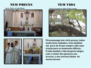 TEM PRECES                               TEM VIDA
Igreja Matriz de Santo Antonio      Foto de um gavião em Mata de Pirassununga




                                 Pirassununga tem vária praças, todas
                                 muito bem cuidadas e tem também
                                 um povo de fé que sempre sabe uma
                                 oração para os momentos difíceis .
                                 E toda manhã a vida desperta alegre,
                                 com o cantar dos pássaros nas
                                 árvores, e nos sorrisos lindos de
                                 nossos jovens.
 