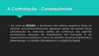 A Contrafação - Consequências


 Ao nível do ESTADO, o fenómeno tem efeitos negativos tanto no
 domínio económico-financeiro (gerando perda de receita fiscal,
 perturbação no mercado, perda de confiança dos agentes
 económicos, redução do investimento em inovação e do
 crescimento económico), como no domínio social (aumentando o
 desemprego, o trabalho clandestino e a imigração ilegal).
 
