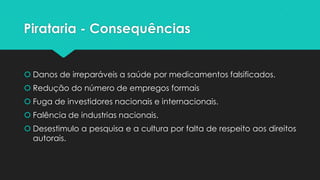 Pirataria - Consequências


 Danos de irreparáveis a saúde por medicamentos falsificados.
 Redução do número de empregos formais
 Fuga de investidores nacionais e internacionais.
 Falência de industrias nacionais.
 Desestimulo a pesquisa e a cultura por falta de respeito aos direitos
  autorais.
 