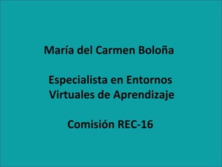 María del Carmen Boloña

Especialista en Entornos
Virtuales de Aprendizaje

    Comisión REC-16
 