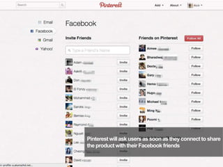 Pinterestwillask users as soon as they connect to share
the product withtheir Facebook friends
45
 