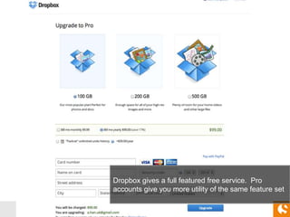 49
Dropbox gives a full featured free service. Pro
accounts give you more utility of the same feature set
 