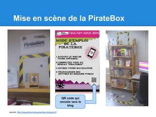 Mise en scène de la PirateBox
source: http://espacenumeriqueaulnay.blogspot.fr
QR code qui
renvoie vers le
blog
 