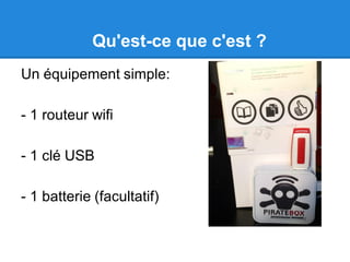 Qu'est-ce que c'est ?
Un équipement simple:
- 1 routeur wifi
- 1 clé USB
- 1 batterie (facultatif)
 