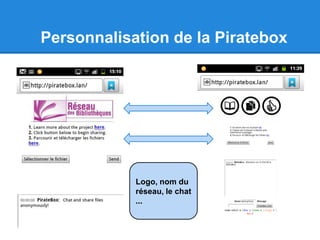 Personnalisation de la Piratebox
Logo, nom du
réseau, le chat
...
 