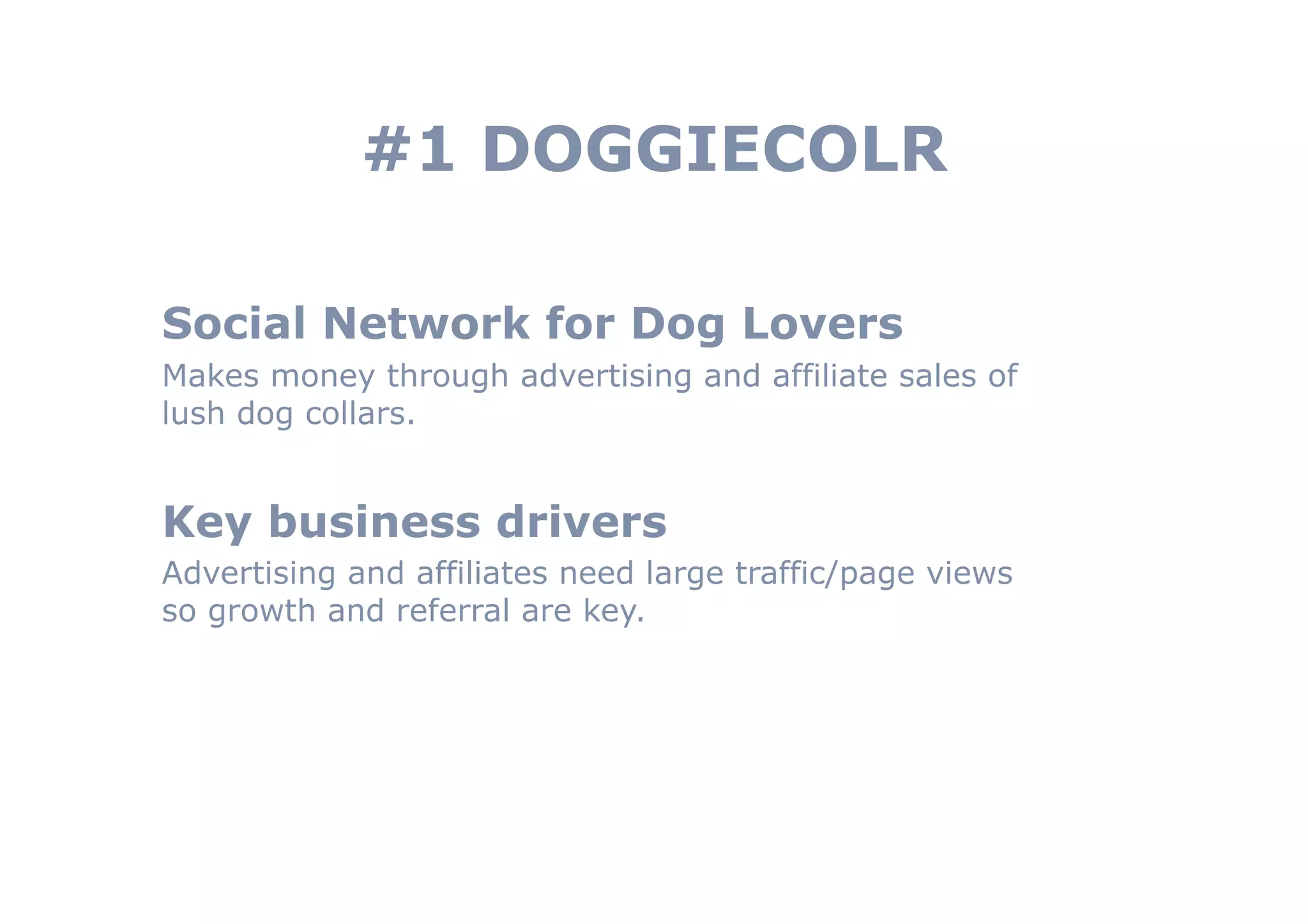 #1 DOGGIECOLR

Social Network for Dog Lovers
Makes money through advertising and affiliate sales of
lush dog collars.


Key business drivers
Advertising and affiliates need large traffic/page views
so growth and referral are key.
 