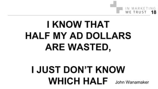 I KNOW THAT
HALF MY AD DOLLARS
ARE WASTED,
I JUST DON’T KNOW
WHICH HALF John Wanamaker
18
 