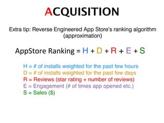ACQUISITION!
Extra tip: Reverse Engineered App Store’s ranking algorithm
(approximation)!
AppStore	
  Ranking	
  =	
  H +	
  D +	
  R + E +	
  S	
  
!
!H = # of installs weighted for the past few hours!
!D = # of installs weighted for the past few days!
!R = Reviews (star rating + number of reviews)!
!E = Engagement (# of times app opened etc.) !
!S = Sales ($)!
!
!
 