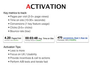 ACTIVATION!
Key metrics to track:!
• Pages per visit (2-3+ page views)!
• Time on site (10-30+ seconds)!
• Conversions (1 key feature usage)!
• Clicks (3-5+ clicks)!
• Bounce rate (low)!
Activation Tips:!
• Less is more!
• Focus on UX / Usability!
• Provide incentives & call to actions!
• Perform A/B tests and iterate fast!
	
  
 