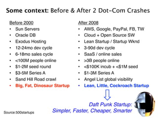 Before 2000!
•  Sun Servers!
•  Oracle DB!
•  Exodus Hosting!
•  12-24mo dev cycle!
•  6-18mo sales cycle!
•  <100M people online!
•  $1-2M seed round!
•  $3-5M Series A!
•  Sand Hill Road crawl!
•  Big, Fat, Dinosaur Startup!
After 2008!
•  AWS, Google, PayPal, FB, TW!
•  Cloud + Open Source SW!
•  Lean Startup / Startup Wknd!
•  3-90d dev cycle!
•  SaaS / online sales!
•  >3B people online!
•  <$100K incub + <$1M seed!
•  $1-3M Series A!
•  Angel List global visibility!
•  Lean, Little, Cockroach Startup!
Some context: Before & After 2 Dot-Com Crashes
Source:500startups!
Daft Punk Startup: !
Simpler, Faster, Cheaper, Smarter 	
  
 