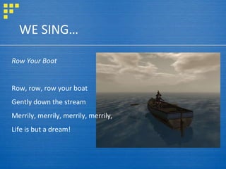 WE SING… Row Your Boat Row, row, row your boat Gently down the stream Merrily, merrily, merrily, merrily,  Life is but a d...