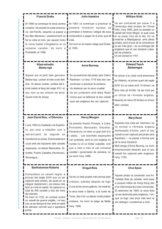 Francis Drake                               John Hawkins                                 William Kidd

El 1566 va començar la seva carrera        Al 1563 va començar a practicar la            Va ser contractat per posar fi a
                                                                                         l’amenaça dels pirates de l’Oceà
corsària. Va assolar la costa america-     pirateria     introduint   esclaus     de
                                                                                         Índic, l’any 1695, però va assaltar un
na del Pacífic, després va passar a        contraban a Amèrica i obligar els seus        vaixell del Gran Mogol, la qual cosa
les Illes Marianes i posteriorment va      compradors a pagar-ne el preu que ell         el va posar fora de la llei. Es va
fer la volta al món; per aquest motiu      volia.                                        instal·lar a Madagascar, amb altres
                                                                                         pirates, però el pes de la consciència
la reina Isabel d’Anglaterra el va         Va morir en el mateix viatge que Drake,
                                                                                         va ser més gran, i es va entregar als
nomenar cavaller. Va morir a               el 1595.                                      anglesos que el van declarar culpa-
Portobello al 1596.                                                                      ble de pirateria.
                                                                                         Va ser penjat el 1701.


           Kheir-ed-edin                                 Anne Bonney                                Edward Teach
            Barba-roja                                                                               Barbanegra

Aquest era el petit dels germans            Es va enamorar del pirata Jack Calico        Va actuar a la costa nord-americana
Barba-roja, i potser el més cruel dels      Rackham i a l’any 1719 tots dos van          de l’Atlàntic, el primer quart del segle
dos. Va atacar ciutats i pobles del li-     començar a practicar la pirateria.
                                                                                         XVIII. Es va casar amb 14 dones i va
toral català al llarg del segle XVI i el    Va destacar per la seva crueltat
                                                                                         tenir més de 40 fills. Va ser mort per
seu nom va ser sinònim de terror            Va ser juntament amb Mary Read
                                                                                         un oficial de l’Armada anglesa,
durant molt de temps                        l’única que va defensar el seu vaixell
                                                                                         després de rebre 25 ferides en el seu
                                            quan els anglesos les van capturar.
                                                                                         últim combat.




  Jean David Nau, «l’Olonois»                          Henry Morgan                                    Mary Read

                                           Va prendre Puerto Príncipe, a Cuba,           Aquesta noia volia ser marinera i es
L’any 1650 es traslladà a la Españo-
                                           Portobello, Maracaibo, Gibraltar,             va enrolar a l’Armada anglesa
la, per anar a treballar com a                                                           disfressada d’home, però el seu
                                           Panamà (on va robar un gran botí d’or
servent.però      de    seguida      es                                                  vaixell va ser capturat pel pirata Jack
                                           i plata)… Les autoritats espanyoles
transformà en pirata. Extremadament                                                      Rackham, i va passar a formar part
                                           van protestar, però la cort anglesa no
                                                                                         de la seva tripulació.
cruel amb els tripulants dels vaixells     només no el va trobar culpable, sinó
                                                                                         Molt amiga d’Anne Bonney, va morir
espanyols, va atacar Maracaibo, Gi-        que a mes a més el van nomenar
                                                                                         empresonada després que el seu
braltar, Puerto Caballos (Hondures),       cavaller i governador de Jamaica, on
                                                                                         vaixell fos capturat pels anglesos,
                                           va morir l’any 1688.                          l’any 1720.
Nicaragua…



      Bartholomew Roberts                                Dragut Reis                                   Chui Apoo

Comandava un vaixell negrer a                                                            Aquest pirata va comandar una for-
principi del segle XVIII que va ser        Va ser un dels pirates més temuts pels
                                                                                         midable flota de vaixells, amb base
capturat pels pirates, als quals es va     cristians, sobretot després de fugir
integrar ràpidament i, sis mesos més                                                     a poques milles de Hong Kong des
tard, ja n’era el capità. Va capturar un   d’una de les seves galeres. Va instal·lar     d’on interrompia les rutes comercials.
total de 400 vaixells a tots els mars      la seva base a Djerba, a la costa de          El setembre de 1849, la seva flota
del planeta.                                                                             va ser destruïda pels anglesos, i tot i
Va morir el 1722, en combat contra         Tunis, des d’on va atacar molts pobles
                                                                                         que va fugir, dos anys més tard va
un vaixell de guerra anglès, i el seu      cristians. Va morir al setge de Malta         ser detingut i condemnat a mort.
cos va ser llençat al mar amb el vestit
de damasc vermell que li agradava          l’any 1565.
portar.


                             Pirates, corsaris i bucaners. Museu Marítim de Barcelona.                        pàg. 19
 