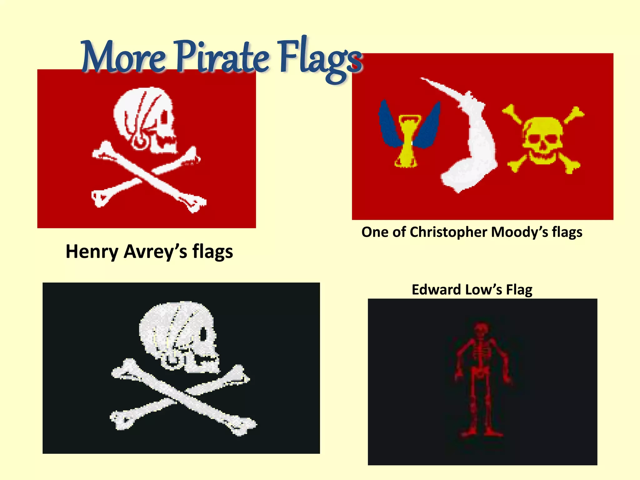 Henry Avrey’s flags
More Pirate Flags
One of Christopher Moody’s flags
Edward Low’s Flag
 