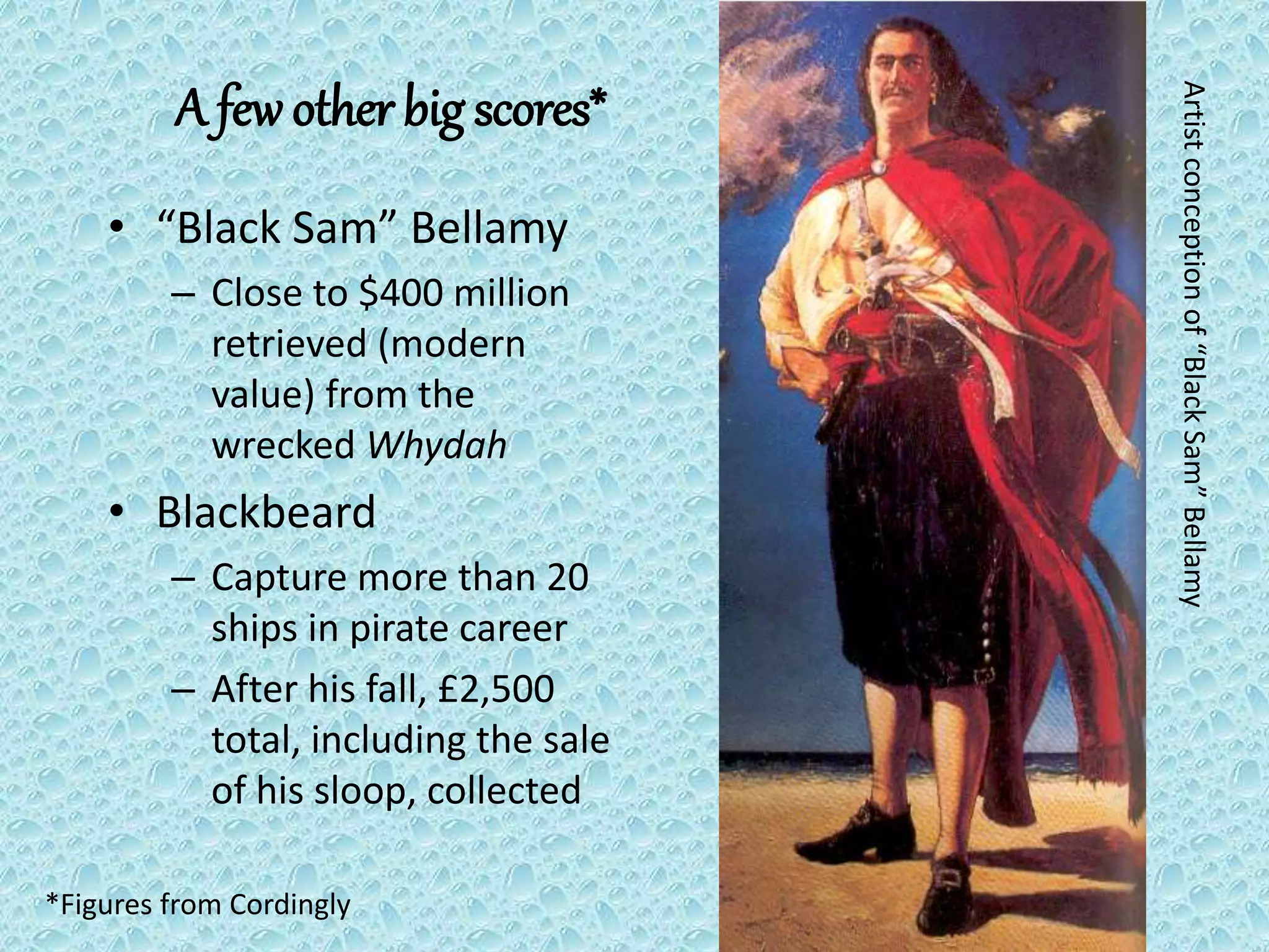 A fewother big scores*
• “Black Sam” Bellamy
– Close to $400 million
retrieved (modern
value) from the
wrecked Whydah
• Blackbeard
– Capture more than 20
ships in pirate career
– After his fall, £2,500
total, including the sale
of his sloop, collected
*Figures from Cordingly
Artistconceptionof“BlackSam”Bellamy
 