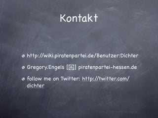 Contact


http://wiki.piratenpartei.de/Benutzer:Dichter

Gregory.Engels [௺] piratenpartei-hessen.de

follow me on Twitter:...