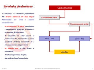 Abandono de edificaçãoPara a perfeita execução do abandono de local, faz-se necessário o treinamento periódico dos componentes da brigada, bem como a realização de palestras-relâmpago para os demais funcionários, visando a orientá-los a respeito dos procedimentos gerais a serem seguidos.As principais orientações são as seguintes:• pegar seus pertences pessoais.• desligar os equipamentos elétricos.• dirigir-se ao local predeterminado pelo plano de abandono.• manter a calma evitando tumultos e pânico.19/12/20106gliceugrossi.net | treinamento@gliceugrossi.net