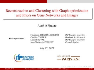 Reconstruction and Clustering with Graph optimization
and Priors on Gene Networks and Images
Aurélie Pirayre
PhD supervisors:
Frédérique BIDARD-MICHELOT IFP Energies nouvelles
Camille COUPRIE Facebook A.I. Research
Laurent DUVAL IFP Energies nouvelles
Jean-Christophe PESQUET CentraleSupélec
July 3th
, 2017
July 3th
, 2017 Recons. and Clust. with Graph Optim. and Priors on GRN and Images 1 / 45
 