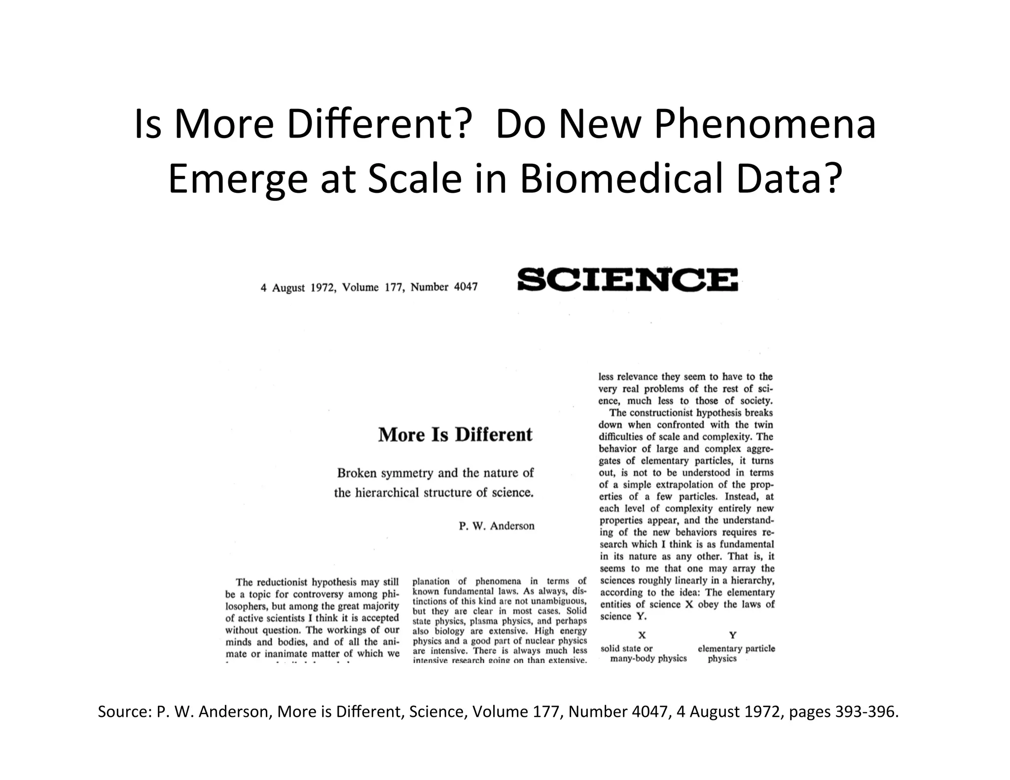 Is	
  More	
  Diﬀerent?	
  	
  Do	
  New	
  Phenomena	
  
Emerge	
  at	
  Scale	
  in	
  Biomedical	
  Data?	
  
Source:	
  P.	
  W.	
  Anderson,	
  More	
  is	
  Diﬀerent,	
  Science,	
  Volume	
  177,	
  Number	
  4047,	
  4	
  August	
  1972,	
  pages	
  393-­‐396.	
  
 