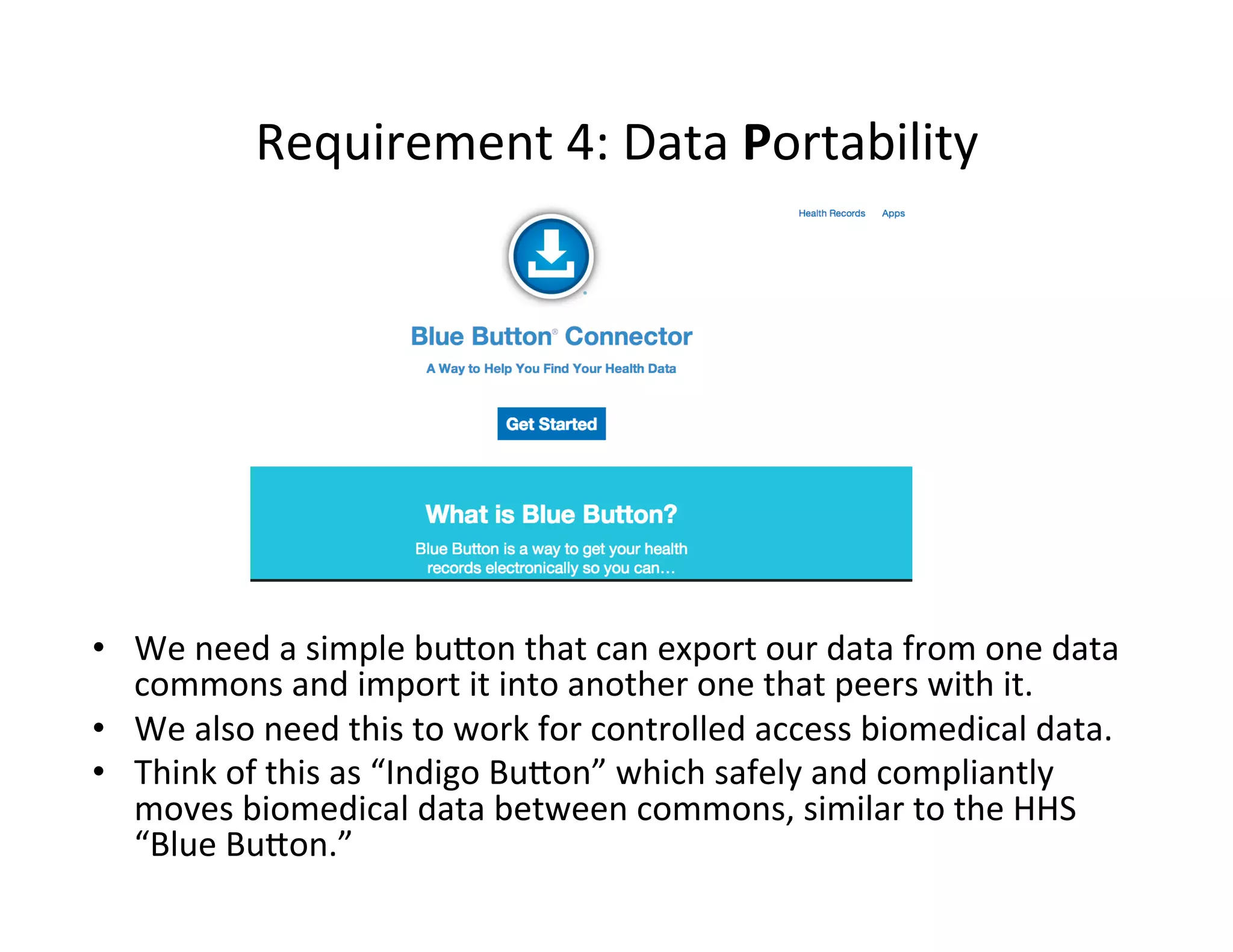 Requirement	
  4:	
  Data	
  Portability	
  	
  
•  We	
  need	
  a	
  simple	
  bu[on	
  that	
  can	
  export	
  our	
  data	
  from	
  one	
  data	
  
commons	
  and	
  import	
  it	
  into	
  another	
  one	
  that	
  peers	
  with	
  it.	
  
•  We	
  also	
  need	
  this	
  to	
  work	
  for	
  controlled	
  access	
  biomedical	
  data.	
  	
  	
  
•  Think	
  of	
  this	
  as	
  “Indigo	
  Bu[on”	
  which	
  safely	
  and	
  compliantly	
  
moves	
  biomedical	
  data	
  between	
  commons,	
  similar	
  to	
  the	
  HHS	
  
“Blue	
  Bu[on.”	
  
 