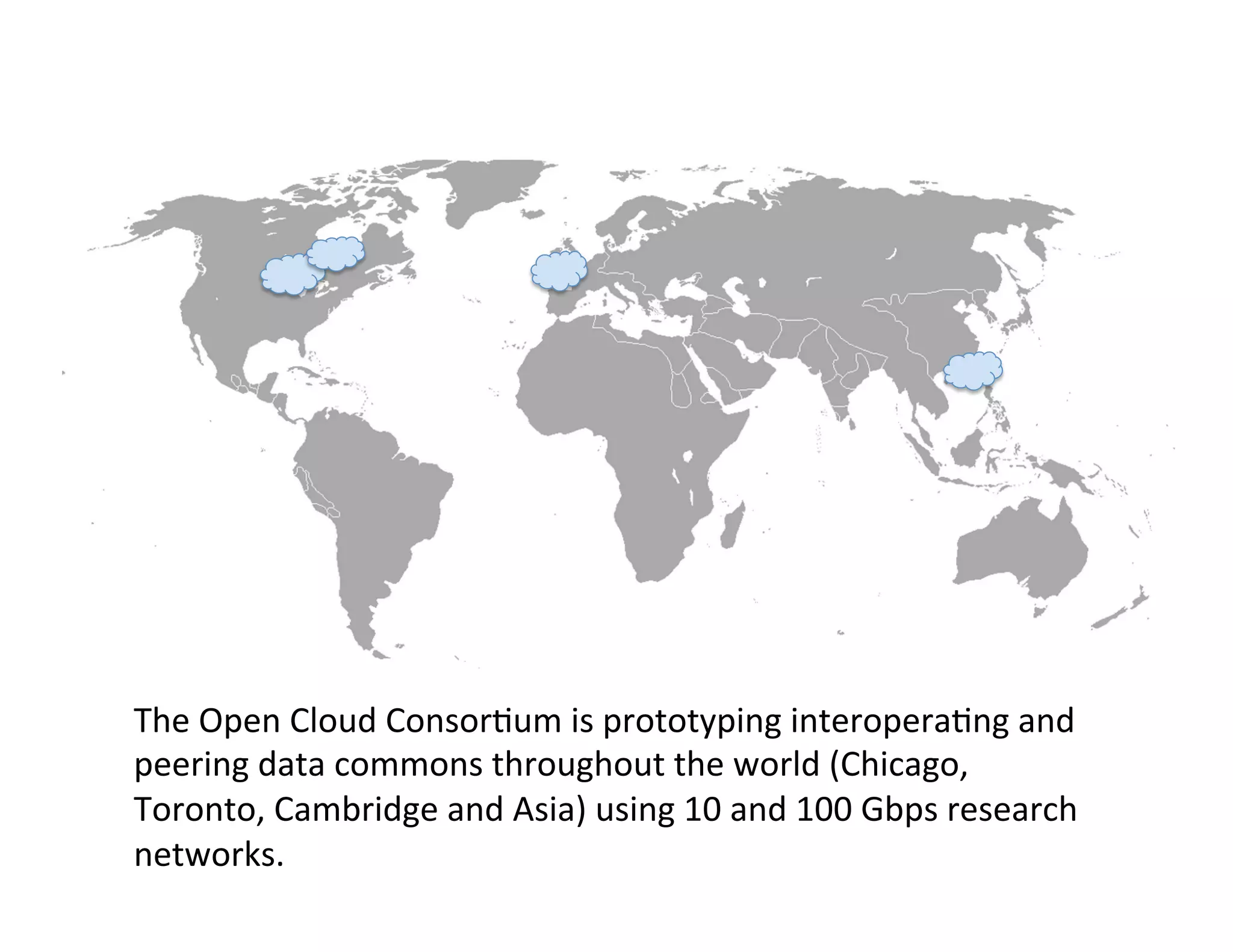 The	
  Open	
  Cloud	
  Consor>um	
  is	
  prototyping	
  interopera>ng	
  and	
  
peering	
  data	
  commons	
  throughout	
  the	
  world	
  (Chicago,	
  
Toronto,	
  Cambridge	
  and	
  Asia)	
  using	
  10	
  and	
  100	
  Gbps	
  research	
  
networks.	
  
 