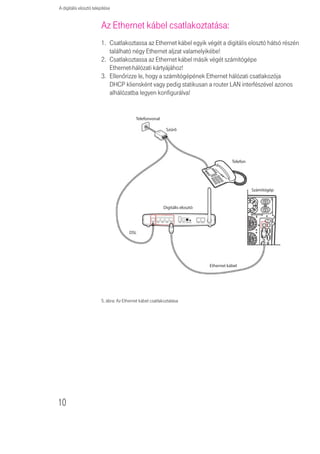 A digitális elosztó telepítése


                        Az Ethernet kábel csatlakoztatása:
                        1. Csatlakoztassa az Ethernet kábel egyik végét a digitális elosztó hátsó részén
                           található négy Ethernet aljzat valamelyikébe!
                        2. Csatlakoztassa az Ethernet kábel másik végét számítógépe
                           Ethernet-hálózati kártyájához!
                        3. Ellenőrizze le, hogy a számítógépének Ethernet hálózati csatlakozója
                           DHCP kliensként vagy pedig statikusan a router LAN interfészével azonos
                           alhálózatba legyen konfigurálva!


                                          Telefonvonal

                                                           Szűrő




                                                                                         Telefon




                                                                                                   Számítógép


                                                          Digitális elosztó




                                       DSL




                                                                              Ethernet kábel




                        5. ábra: Az Ethernet kábel csatlakoztatása




10
 