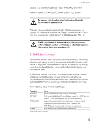 A Varázsló futtatása


                       WEP
                       A Wired Equivalent Privacy (WEP) a vezeték nélküli hálózati csatlakozások osztott
                       kulcsú titkosító mechanizmusa. A titkosítási 64 (40) vagy 128 (104) bites.

                       WEP alkalmazása esetén a vezeték nélküli hálózat védelmére ugyanazokat
                       a paramétereket kell megadni a digitális elosztó és az összes vezeték nélküli
                       kliens számára.

                       A digitális elosztó biztonságosan tud adatokat továbbítani a vezeték nélküli
                       kapcsolat (Wireless) segítségével. Be kell állítania a biztonsági mechanizmusokat
                       a digitális elosztón és az összes vezeték nélküli kliensen is. Választhatja az ezen
                       a weboldalon látható elfogadott biztonsági mechanizmusokat és konfigurálhatja
                       azokat az aloldalakon.




                       15. ábra: A WEP


                       Az ezen a weboldalon található beállításokhoz tekintse át az alábbi táblázatot!

                       Paraméter              Leírás
                       WEP mód                Válassza ki a titkosítás során alkalmazandó 64
                                              vagy 128 bit-es kulcsú módot.
                       Kulcsmegadási          Válassza ki, hogy hexadecimális vagy ASCII titkosító kulcsot
                       módszer                akar alkalmazni.
                       (Key Entry Method)
                       Kulcsellátás           Válassza, hogy „statikus” (Static), ha csak egy fix kulcs van
                       (Key Provision-ing)    a titkosításhoz. Ha a „dinamikus”-t (Dynamic) kívánja
                                              kiválasztani, mindennek elõtt a 802.1x funkciót kell aktiválni.
                       7.táblázat: A WEP paraméterek beadása


                       Automatikusan létrehozhat titkosító kulcsokat, vagy pedig beírhatja azokat
                       manuálisan. Ahhoz, hogy jelmondattal automatikusan hozzon létre kulcsot, adjon
                       meg a Jelmondat (Passphrase) mezõben egy karaktersort.

18
 