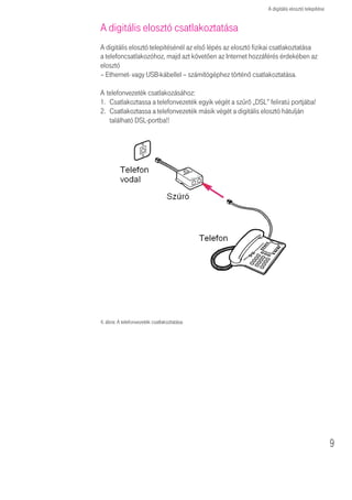 A digitális elosztó telepítése


A digitális elosztó csatlakoztatása
A digitális elosztó telepítésénél az első lépés az elosztó fizikai csatlakoztatása
a telefoncsatlakozóhoz, majd azt követően az Internet hozzáférés érdekében az
elosztó
– Ethernet- vagy USB-kábellel – számítógéphez történő csatlakoztatása.

A telefonvezeték csatlakozásához:
1. Csatlakoztassa a telefonvezeték egyik végét a szűrő „DSL” feliratú portjába!
2. Csatlakoztassa a telefonvezeték másik végét a digitális elosztó hátulján
   található DSL-portba!!




4. ábra: A telefonvezeték csatlakoztatása




                                                                                                9
 