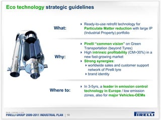 Eco technology strategic guidelines


                               Ready-to-use retrofit technology for
                   What:       Particulate Matter reduction with large IP
                               (Industrial Property) portfolio


                               Pirelli “common vision” on Green
                               Transportation (beyond Tyres)
                               High intrinsic profitability (CM>30%) in a
                   Why:        new fast-growing market
                               Strong synergies:
                                 worldwide sales and customer support
                                 network of Pirelli tyre
                                 brand identity


                               In 3-5yrs, a leader in emission control
                 Where to:     technology in Europe / low emission
                               zones, also for major Vehicles-OEMs




                       | 18
 