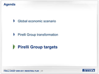 Agenda




         Global economic scenario



         Pirelli Group transformation


         Pirelli Group targets




                        | 25
 