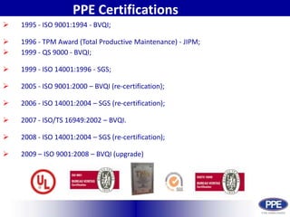 PPE CertificationsCertifications1995 - ISO 9001:1994 - BVQI;