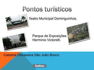 Teatro Municipal Dominguinhos.




                 Parque de Exposições
                 Hermínio Victorelli.



Catedral Diocesana São João Bosco.


                   Índice
 