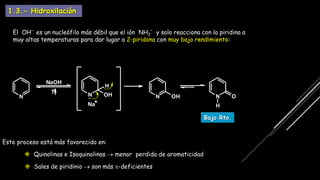 1.3.- Hidroxilación
Este proceso está más favorecido en:
 Sales de piridinio  son más p-deficientes
 Quinolinas e Isoquinolinas  menor perdida de aromaticidad
N N
H
OH
Na
NaOH
T
N OH N O
H
_
+
Bajo Rto.
El OH- es un nucleófilo más débil que el ión NH2
- y solo reacciona con la piridina a
muy altas temperaturas para dar lugar a 2-piridona con muy bajo rendimiento:
 
