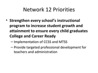 Network 12 Priorities
• Strengthen every school’s instructional
program to increase student growth and
attainment to ensure every child graduates
College and Career Ready
– Implementation of CCSS and MTSS
– Provide targeted professional development for
teachers and administration
 
