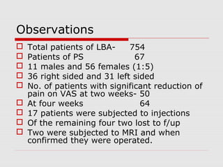 Observations
 Total patients of LBA- 754
 Patients of PS 67
 11 males and 56 females (1:5)
 36 right sided and 31 left sided
 No. of patients with significant reduction of
pain on VAS at two weeks- 50
 At four weeks 64
 17 patients were subjected to injections
 Of the remaining four two lost to f/up
 Two were subjected to MRI and when
confirmed they were operated.
 