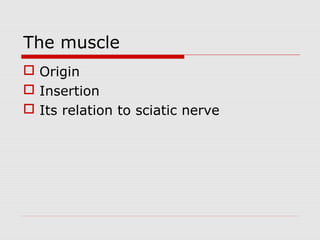 The muscle
 Origin
 Insertion
 Its relation to sciatic nerve
 
