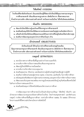 รายงานการพัฒนาคุณภาพสถานศึกษา ๒๕๕๓๔๒
วิสัยทัศน (VISION)
โรงเรียนพิริยาลัยจังหวัดแพร เปนแหลงเรียนรูที่พัฒนานักเรียนใหมีคุณภาพตามมาตรฐาน
การศึกษาของชาติ เทียบเคียงมาตรฐานสากล เลิศลนวิชาการ สื่อสารสองภาษา
ลํ้าหนาทางความคิด ผลิตงานอยางสรางสรรค จรรโลงความเปนไทย ใสใจรับผิดชอบตอสังคม
พันธกิจ (MISSION)
๑. พัฒนานักเรียนใหมีความรูและทักษะที่ไดมาตรฐานการศึกษาของชาติ
๒. สงเสริมสนับสนุนใหนักเรียนไดพัฒนาความถนัดและความสนใจมุงสูความเปนเลิศทางวิชาการ
๓. เสริมสรางนักเรียนใหเปนคนดีมีคุณธรรมและมีทักษะการดํารงชีวิตอยูในสังคมไดอยางมีความสุข
๔. สงเสริมการพัฒนาครูและบุคลากรทางการศึกษาในทุกๆ ดาน
เปาประสงค (OBJECTIVES)
นักเรียนเปนคนดี มีทักษะในการดํารงชีวิตตามหลักเศรษฐกิจพอเพียง
มีคุณภาพตามมาตรฐานการศึกษาของชาติ เทียบเคียงมาตรฐานสากล เลิศลนวิชาการ สื่อสารสองภาษา
ลํ้าหนาทางความคิด ผลิตงานอยางสรางสรรค จรรโลงความเปนไทย ใสใจรับผิดชอบตอสังคมโลก
กลยุทธ (STRATEGY)
๑. ขยายโอกาสทางการศึกษาขั้นพื้นฐานอยางกวางขวางและทั่วถึง
๒. ยกระดับการจัดการเรียนการสอนเทียบเคียงมาตรฐานสากล
๓. พัฒนาผูเรียนใหมีศักยภาพเปนพลโลก
๔. ยกระดับการบริหารจัดการระบบคุณภาพ
๕. สงเสริมคุณธรรม จริยธรรม และนอมนําความรูหลักเศรษฐกิจพอเพียงสูการปฏิบัติ
๖. สงเสริมการมีสวนรวมของผูปกครอง ชุมชน ภาคเอกชน และทองถิ่น ในการจัดการศึกษา
๗. สนับสนุนสงเสริมพัฒนาความรูความสามารถของครู และบุคลากรในการจัดการเรียนการสอน
๘. พัฒนาและปรับปรุงสภาพแวดลอม สาธารณูปโภคและแหลงเรียนรู ครุภัณฑและสื่อเทคโนโลยี
ในดานการเรียนการสอนและบริการ
๙. สงเสริมสนับสนุนการใชเทคโนโลยีและนวัตกรรมทางการศึกษา
การพัฒนาคุณภาพการศึกษาของโรงเรียนดําเนินตามปรัชญา วิสัยทัศน พันธกิจ และ
เปาหมายการพัฒนา/มาตรฐานระดับสถานศึกษาโรงเรียน โดยกําหนดยุทธศาสตร และจัดทําแผน
กลยุทธ การจัดการศึกษาขั้นพื้นฐานการศึกษา ระหวางปการศึกษา ๒๕๕๑ ถึง ๒๕๕๔ มีกิจกรรม/
โครงการและตัวชี้วัดความสําเร็จตามโครงการดังตอไปนี้
 