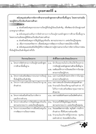 โรงเรียนพิริยาลัยจังหวัดแพร ๒๕๕๓
๔๗
กิจกรรม/โครงการ
๑. โครงการจัดทําสาระการเรียนรูตามหลักสูตร
การศึกษาขั้นพื้นฐาน
๒. โครงการสงเสริมพัฒนากระบวนการเรียนรู
ที่เนนผูเรียนเปนสําคัญ
๓. โครงการสงเสริมนักเรียนปรีชาญาณ
ดานตางๆ
๔. โครงการสงเสริมทักษะในการจัดการ
และรักการทํางาน
๕. โครงการสงเสริมการใชภูมิปญญาทองถิ่น
สถานประกอบการ แหลงเรียนรูในชุมชน
๖. โครงการระดมทรัพยากรเพื่อสนับสนุนใน
การพัฒนาการเรียนการสอน
ตัวชี้วัดความสําเร็จของโครงการ
๑.๑. นักเรียนทุกคนในโรงเรียนไดเรียนสาระ
การเรียนรูตามหลักสูตรสถานศึกษาขั้นพื้นฐาน
๑.๒. ผลสัมฤทธิ์ทางการเรียนของวิชาการในกลุม
สาระการเรียนรูตางๆ
๒.๑. ผลการแขงขันทักษะทางวิชาการในกลุม
สาระการเรียนรูตางๆ
๓.๑. ผลการสอบเขาเรียนตอระดับอุดมศึกษา
๓.๒. จํานวนนักเรียนปรีชาญาณดานตางๆ ที่
ไดรับการสงเสริมพัฒนาคุณภาพตาม
ศักยภาพ
๔.๑. ผลการแขงขันทักษะความเปนเลิศดานตางๆ
๕.๑. จํานวนครั้งที่ใชภูมิปญญาทองถิ่น
สถานประกอบการ แหลงเรียนรูในชุมชน
๖.๑. จํานวนทรัพยากรการเงิน ครุภัณฑ การบริการ
ดานตางๆ ที่ไดรับความชวยเหลือ
๖.๒. จํานวนเงินบริจาคที่ผูปกครอง ชุมชน
องคกรตางๆ ชวยเหลือโรงเรียน
ยุทธศาสตรที่ ๑
สนับสนุนสงเสริมการจัดการศึกษาตามหลักสูตรสถานศึกษาขั้นพื้นฐาน โดยความรวมมือ
ของผูมีสวนเกี่ยวของกับสถานศึกษา
เปาหมาย
๑. สงเสริมสนับสนุนกระบวนการเรียนรูที่เนนผูเรียนเปนสําคัญ เพื่อพัฒนานักเรียนสูเกณฑ
มาตรฐานการศึกษา
๒. สนับสนุนสงเสริมการจัดทําสาระการเรียนรูตามหลักสูตรการศึกษาขั้นพื้นฐาน
โดยความรวมมือของผูที่มีสวนเกี่ยวของกับสถานศึกษา
๓. สงเสริมสนับสนุนการใชภูมิปญญาทองถิ่น สถานประกอบการ แหลงเรียนรูในชุมชน
๔. เพิ่มการระดมทรัพยากร เพื่อสนับสนุนการพัฒนาการเรียนการสอนใหมากยิ่งขึ้น
๕. สนับสนุนและสงเสริมใหครูไดรับการพัฒนาความรูความสามารถในการจัดการเรียนการสอน
ที่เนนผูเรียนเปนสําคัญอยางทั่วถึง
 