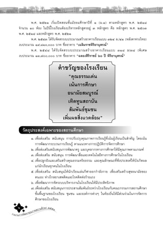 รายงานการพัฒนาคุณภาพสถานศึกษา ๒๕๕๓๖
๕
พ.ศ. ๒๕๒๑ เริ่มเปดสอนชั้นมัธยมศึกษาปที่ ๑ (ม.๑) ตามหลักสูตร พ.ศ. ๒๕๑๘
จํานวน ๑๐ หอง ในปนี้โรงเรียนตองบริหารหลักสูตรอยู ๓ หลักสูตร คือ หลักสูตร พ.ศ. ๒๕๐๓
พ.ศ. ๒๕๑๘ และหลักสูตร พ.ศ. ๒๕๒๑
พ.ศ. ๒๕๔๓ ไดรับจัดสรรงบประมาณสรางอาคารเรียนแบบ ๓๒๔ ล./๔๑ (หลังคาทรงไทย)
งบประมาณ ๑๙,๘๑๐,๐๐๐ บาท ชื่ออาคาร “เฉลิมราชพิริยานุสรณ”
พ.ศ. ๒๕๔๘ ไดรับจัดสรรงบประมาณสรางอาคารเรียนแบบ ๓๑๘ ล/๓๘ (พิเศษ
งบประมาณ ๑๓,๗๐๐,๐๐๐ บาท ชื่ออาคาร “ฉลองสิิริราชย ๖๐ ป พิริยานุสรณ”
คําขวัญของโรงเรียน
“คุณธรรมเดน
เนนการศึกษา
อนามัยสมบูรณ
เทิดทูนสถาบัน
สัมพันธชุมชน
เพิ่มผลสิ่งแวดลอม”
วัตถุประสงคเฉพาะของสถานศึกษา
๑. เพื่อสงเสริม สนับสนุน การปรับปรุงคุณภาพการเรียนรูที่เนนผูเรียนเปนสําคัญ โดยเนน
การพัฒนากระบวนการเรียนรู ตามแนวทางการปฏิบัติการจัดการศึกษา
๒. เพื่อสงเสริมสนับสนุนการพัฒนาครู และบุคลากรทางการศึกษาใหมีคุณภาพตามเกณฑ
๓. เพื่อสงเสริม สนับสนุน การพัฒนาสื่อและเทคโนโลยีทางการศึกษาในโรงเรียน
๔. เพื่อปลูกฝงและเสริมสรางคุณธรรมจริยธรรม และคุณลักษณะที่พึงประสงคใหบังเกิดผล
แกนักเรียนทุกคนในโรงเรียน
๕. เพื่อสงเสริม สนับสนุนใหนักเรียนเลนกีฬาออกกําลังกาย เพื่อเสริมสรางสุขอนามัยของ
ตนเอง หางไกลยาเสพติดและโรคติดตอรายแรง
๖. เพื่อพัฒนาการจัดระบบบริหารงานในโรงเรียนใหมีประสิทธิภาพ
๗.เพื่อสงเสริม สนับสนุนการประสานสัมพันธระหวางโรงเรียนกับคณะกรรมการสถานศึกษา
ขั้นพื้นฐานของโรงเรียน ชุมชน และองคการตางๆ ในทองถิ่นใหมีสวนรวมในการจัดการ
ศึกษาของโรงเรียน
 