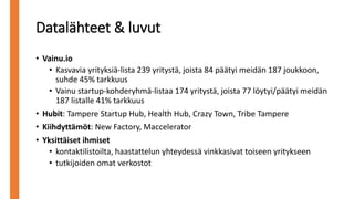 Datalähteet & luvut
• Vainu.io
• Kasvavia yrityksiä-lista 239 yritystä, joista 84 päätyi meidän 187 joukkoon,
suhde 45% tarkkuus
• Vainu startup-kohderyhmä-listaa 174 yritystä, joista 77 löytyi/päätyi meidän
187 listalle 41% tarkkuus
• Hubit: Tampere Startup Hub, Health Hub, Crazy Town, Tribe Tampere
• Kiihdyttämöt: New Factory, Maccelerator
• Yksittäiset ihmiset
• kontaktilistoilta, haastattelun yhteydessä vinkkasivat toiseen yritykseen
• tutkijoiden omat verkostot
 