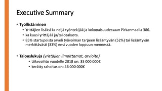 Executive Summary
• Työllistäminen
• Yrittäjien lisäksi ka neljä työntekijää ja kokonaisuudessaan Pirkanmaalla 386.
• ka kuusi yrittäjää ja/tai osakasta.
• 85% startupeista arveli työvoiman tarpeen lisääntyvän (52%) tai lisääntyvän
merkittävästi (33%) ensi vuoden loppuun mennessä.
• Talouslukuja (yrittäjien ilmoittamat, arvioita)
• Liikevaihto vuodelle 2018 on: 35 000 000€
• kerätty rahoitus on: 46 000 000€
 