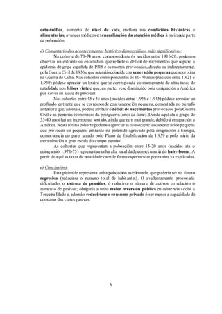 catastrófica, aumento do nivel de vida, mellora nas condicións hixiénicas e
alimentarias, avances médicos e xeneralización da atención médica á meirande parte
da poboación.

d) Comentario dos acontecementos histórico-demográficos máis significativos:
        Na cohorte de 70-74 anos, correspondente ós nacidos entre 1916-20, podemos
observar un entrante ou entalladura que reflicte o déficit de nacementos que supuxo a
epidemia de gripe española de 1918 e os mortos provocados, directa ou indirectamente,
pola Guerra Civil de 1936 e que ademáis coincide coa xeneración pequena que se orixina
na Guerra de Cuba. Nas cohortes correspondentes ós 60-70 anos (nacidos entre 1.921 e
1.930) pódese apreciar un lixeiro que se corresponde co mantemento de altas taxas de
natalidade nos felices vinte e que, en parte, vese disminuído pola emigración a América
por xoves en idade de procrear.
        Nas cohortes entre 45 e 55 anos (nacidos entre 1.936 e 1.945) pódese apreciar un
profundo entrante que se corresponde coa xeneración pequena, comentada no párrafo
anterior e que, ademáis, pódese atribuír ó déficit de nacementos provocados pola Guerra
Civil e as penurias económicas da postguerra (anos da fame). Dende aquí ata o grupo de
35-40 anos hai un incremento sostido, aínda que non moi grande, debido á emigración á
América. Nesta última cohorte podemos apreciar as consecuencias da xeneración pequena
que provocan un pequeno entrante na pirámide agravado pola emigración á Europa,
consecuencia do paro xerado polo Plano de Estabilización de 1.959 e polo inicio da
mecanización a gran escala do campo español.
        As cohortes que representan a poboación entre 15-20 anos (nacidos ata o
quinquenio 1.971-75) representan unha alta natalidade consecuencia do baby-boom. A
partir de aquí as taxas de natalidade caen de forma espectacular por razóns xa explicadas.

e) Conclusións:
         Esta pirámide representa unha poboación avellentada, que podería ser no futuro
regresiva (reducirse o numero total de habitantes). O avellentamento provocaría
dificultades o sistema de pensións, ó reducirse o número de activos en relación ó
aumento de pasivos; obrigaría a unha maior inversión pública en asistencia social á
Terceira Idade e, ademáis reduciríase o consumo privado ó ser menor a capacidade de
consumo das clases pasivas.




                                        6
 