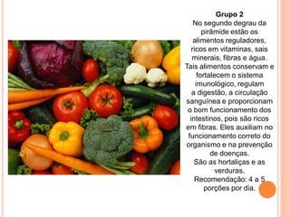 Grupo 2
    No segundo degrau da
        pirâmide estão os
    alimentos reguladores,
   ricos em vitaminas, sais
   minerais, fibras e água.
Tais alimentos conservam e
      fortalecem o sistema
     imunológico, regulam
   a digestão, a circulação
sanguínea e proporcionam
 o bom funcionamento dos
  intestinos, pois são ricos
em fibras. Eles auxiliam no
 funcionamento correto do
organismo e na prevenção
           de doenças.
    São as hortaliças e as
             verduras.
    Recomendação: 4 a 5
         porções por dia.
 