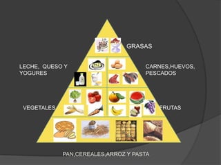 GRASASCARNES,HUEVOS,PESCADOSLECHE,  QUESO Y YOGURESFRUTASVEGETALESPAN,CEREALES,ARROZ Y PASTA