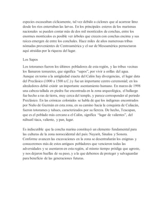 especies escaseaban cíclicamente, tal vez debido a ciclones que al acarrear limo
desde los ríos enterraban las larvas. En los principales esteros de los marismas
nacionales se pueden contar más de dos mil montículos de conchas, entre los
enormes montículos es posible ver árboles que crecen con conchas encima y sus
raíces emergen de entre los conchales. Hace miles de años numerosas tribus
nómadas provenientes de Centroamérica y el sur de Mesoamérica pernoctaron
aquí atraídas por la riqueza del lugar.
Los Sapos
Los totorames fueron los últimos pobladores de esta región, y las tribus vecinas
los llamaron temuretes, que significa “sapos”, por vivir a orillas del agua.
Aunque en torno a la antigüedad exacta del Calón hay divergencias, el lugar data
del Preclásico (1000 a 1500 a.C.) y fue un importante centro ceremonial; en los
alrededores debió existir un importante asentamiento humano. En marzo de 1998
una cabeza tallada en piedra fue encontrada en la zona arqueológica, el hallazgo
fue hecho a ras de tierra, muy cerca del templo, y parece corresponder al periodo
Preclásico. En las crónicas coloniales se habla de que los indígenas encontrados
por Nuño de Guzmán en esta zona, en su camino hacia la conquista de Culiacán,
fueron totorames y tahues, caracterizados por su fiereza. De hecho, Teacapan,
que es el poblado más cercano a el Calón, significa “lugar de valientes”, del
náhuatl tiaca, valiente, y pan, lugar.
Es indiscutible que la concha marina constituyó un elemento fundamental para
las culturas de la zona noroccidental del país: Nayarit, Sinaloa y Sonora.
Conforme avancen las excavaciones en la zona se desentrañarán los enigmas y
conoceremos más de estos antiguos pobladores que vencieron todas las
adversidades y se asentaron en esta región, al mismo tiempo pródiga que agreste,
y nos dejaron huellas de su paso, y a la que debemos de proteger y salvaguardar
para beneficio de las generaciones futuras.
 