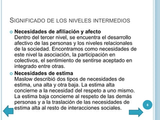 SIGNIFICADO DE LOS NIVELES INTERMEDIOS
 Necesidades de afiliación y afecto
Dentro del tercer nivel, se encuentra el desarrollo
afectivo de las personas y los niveles relacionales
de la sociedad. Encontramos como necesidades de
este nivel la asociación, la participación en
colectivos, el sentimiento de sentirse aceptado en
integrado entre otras.
 Necesidades de estima
Maslow describió dos tipos de necesidades de
estima, una alta y otra baja. La estima alta
concierne a la necesidad del respeto a uno mismo.
La estima baja concierne al respeto de las demás
personas y a la traslación de las necesidades de
estima alta al resto de interacciones sociales.
6
 