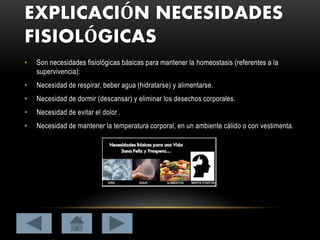 EXPLICACIÓN NECESIDADES
FISIOLÓGICAS
• Son necesidades fisiológicas básicas para mantener la homeostasis (referentes a la
supervivencia):
• Necesidad de respirar, beber agua (hidratarse) y alimentarse.
• Necesidad de dormir (descansar) y eliminar los desechos corporales.
• Necesidad de evitar el dolor .
• Necesidad de mantener la temperatura corporal, en un ambiente cálido o con vestimenta.
 